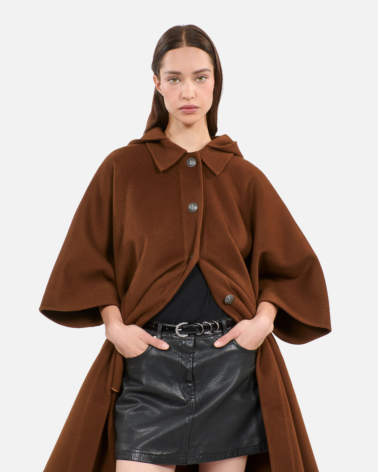 The Kooples FEMME DARK BROWN cape longue à capuche en laine mélangée marron
