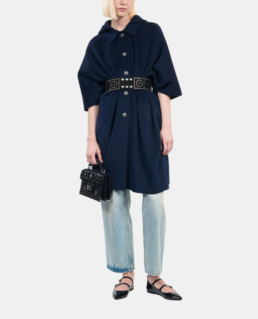 The Kooples DAMEN NAVY langes, marineblaues wollcape mit kapuze