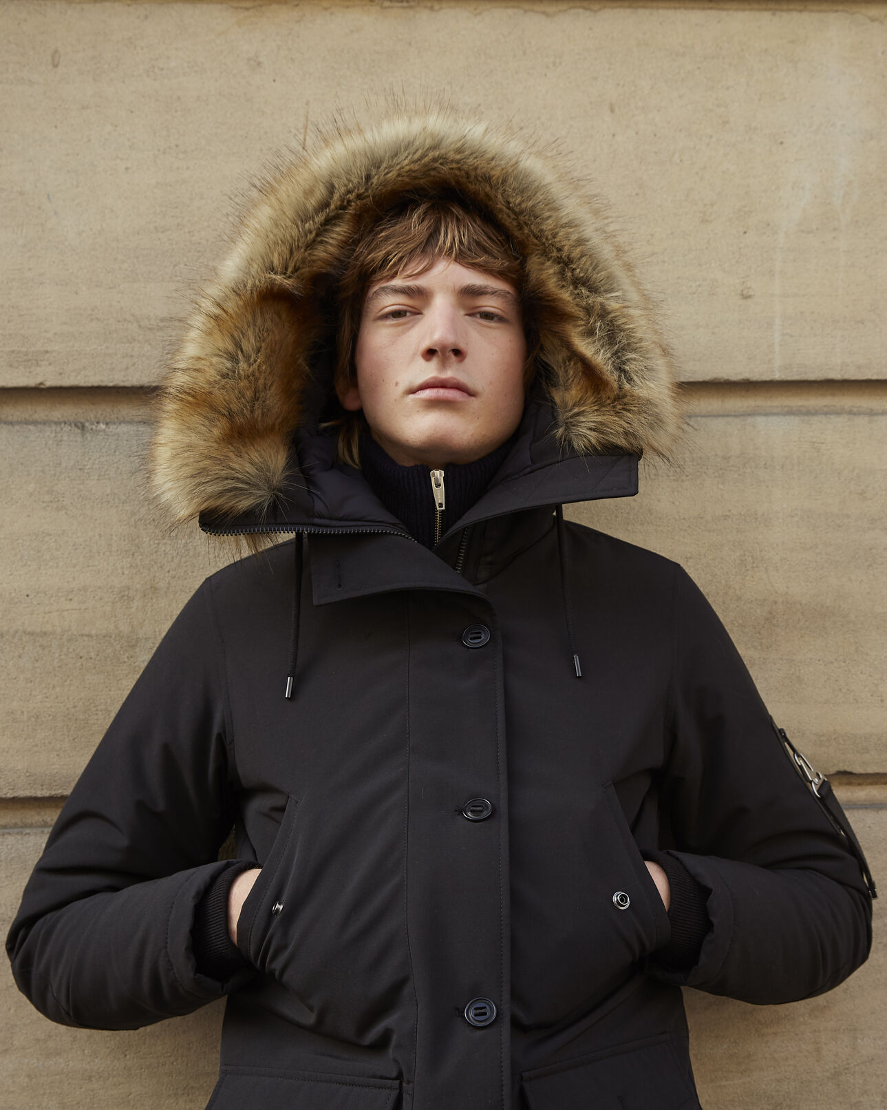 The Kooples MEN BLACK long black polyester parka with hood