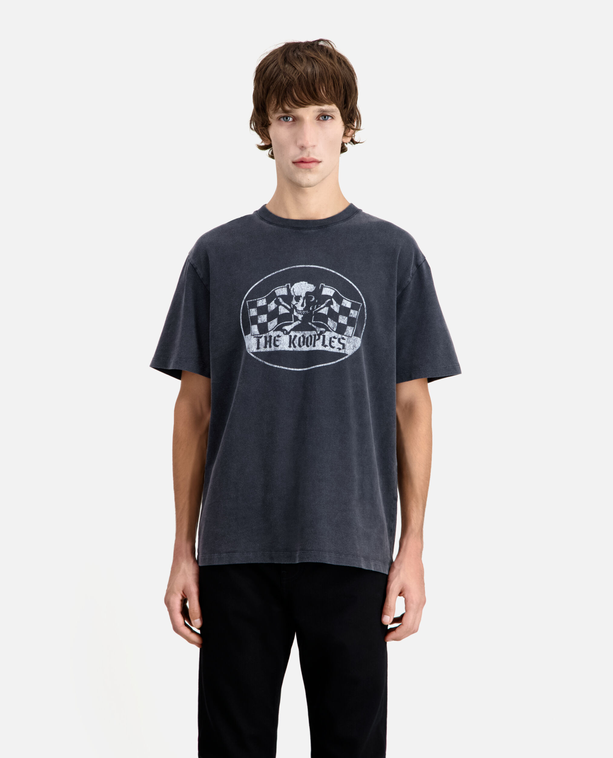 Men's black t-shirt with racing skull serigraphy, BLACK WASHED, hi-res image number null
