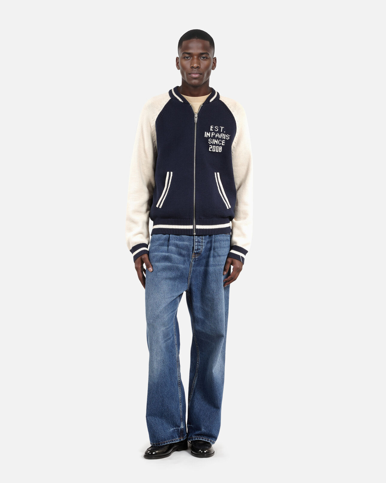 The Kooples MEN DARK NAVY-ECRU navy and ecru teddy cardigan