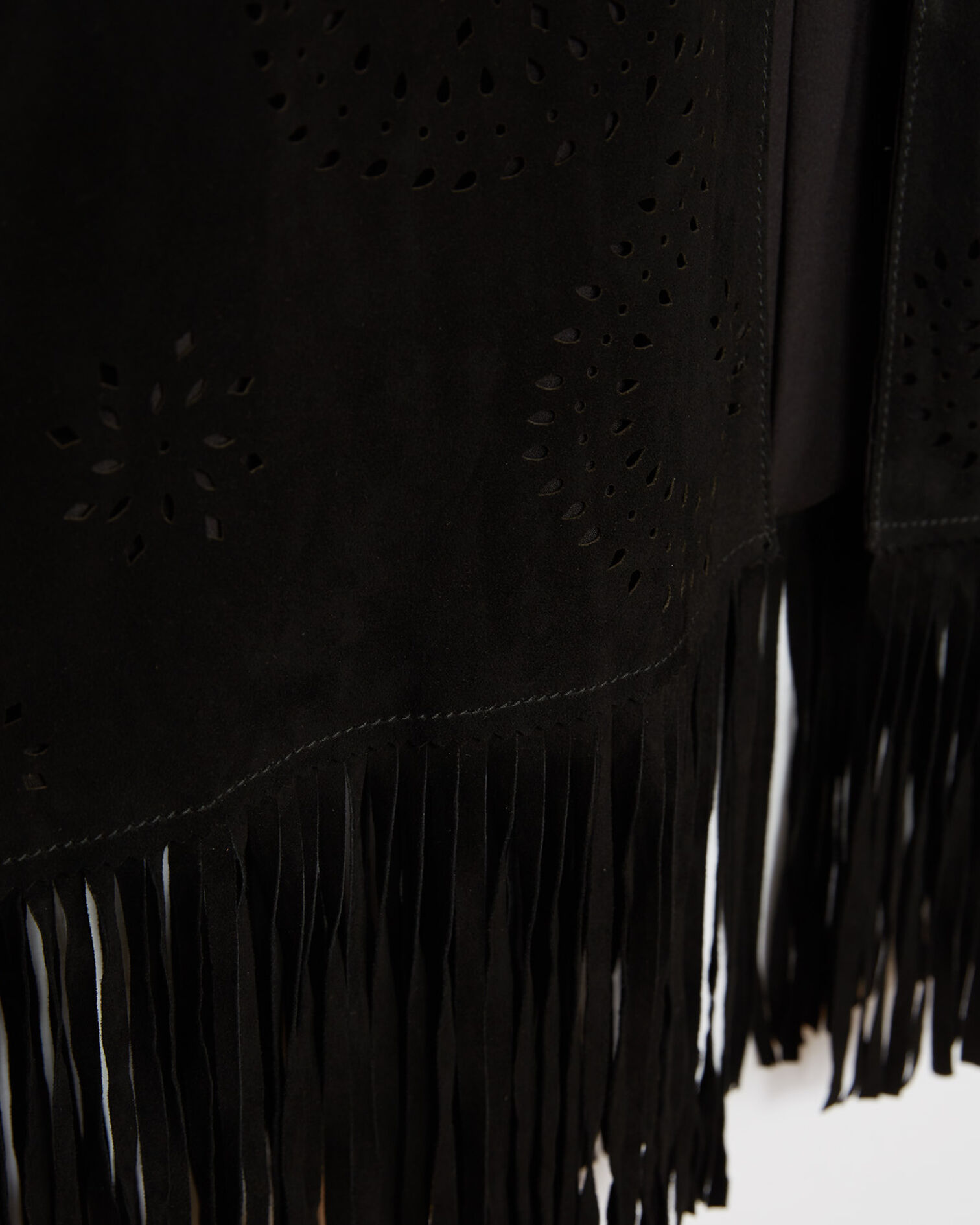 Poncho en daim à franges et détails ajourés, BLACK, hi-res image number null