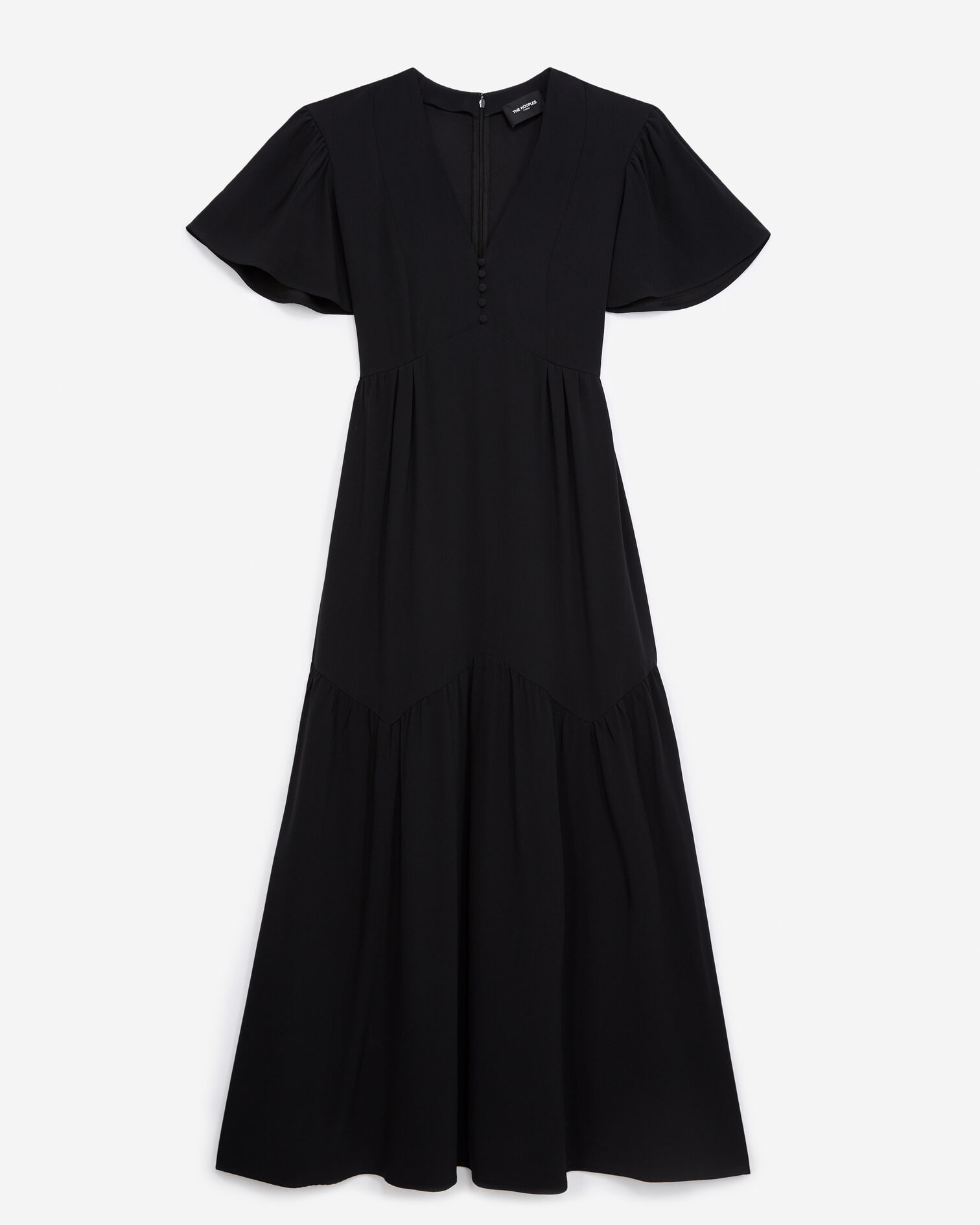 Long black dress in crepe with ruffles, BLACK, hi-res image number null