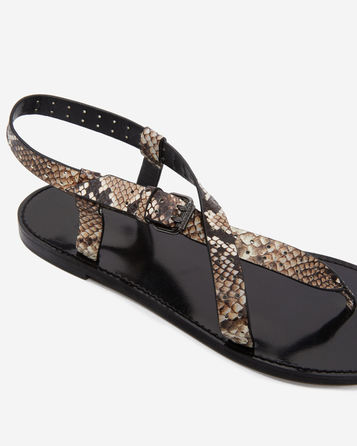 Snakeskin-effect flat leather sandals, BEIGE-BROWN, hi-res image number null