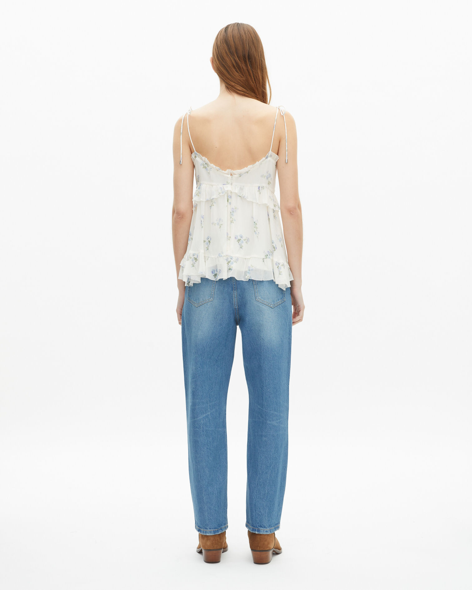 White floral ruffle top, WHITE / SKY BLUE, hi-res image number null