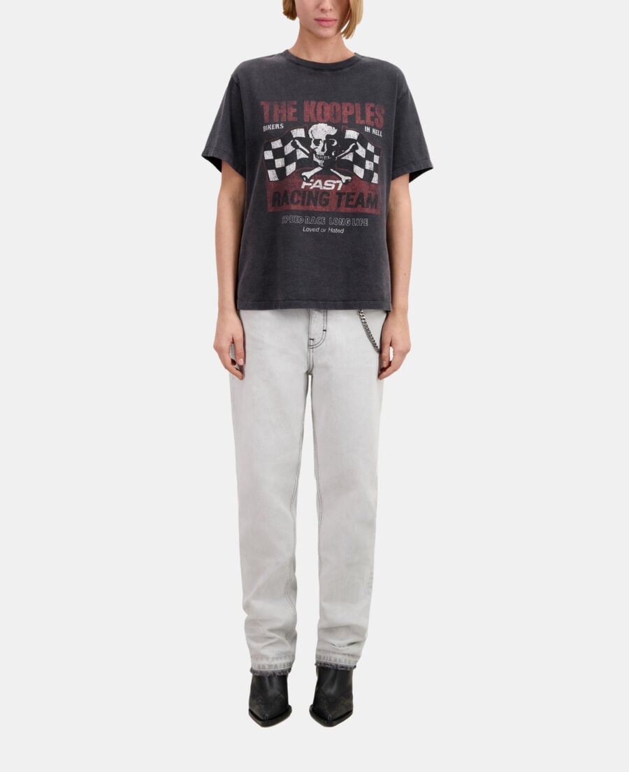 The Kooples DAMEN BLACK WASHED schwarzes t-shirt damen mit racing-skull-siebdruck