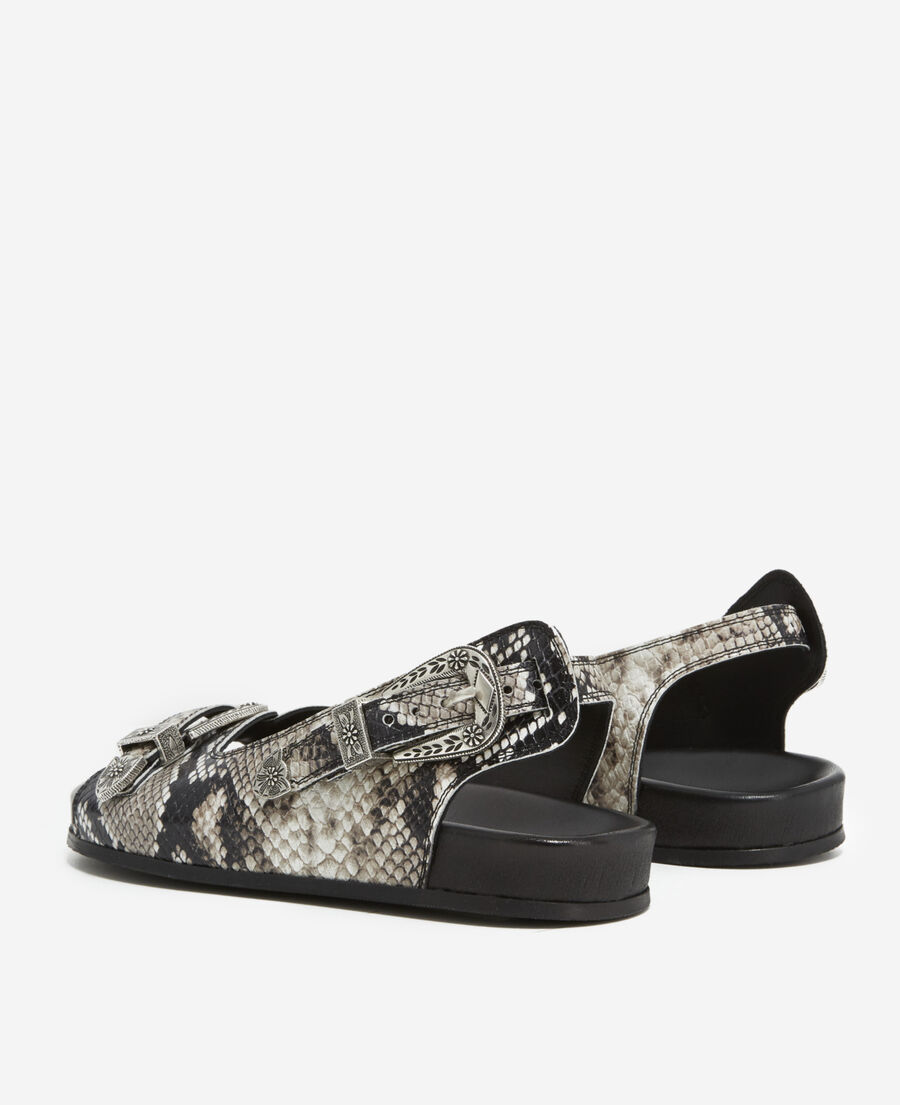 sandales cuir noires et grises plates à motif