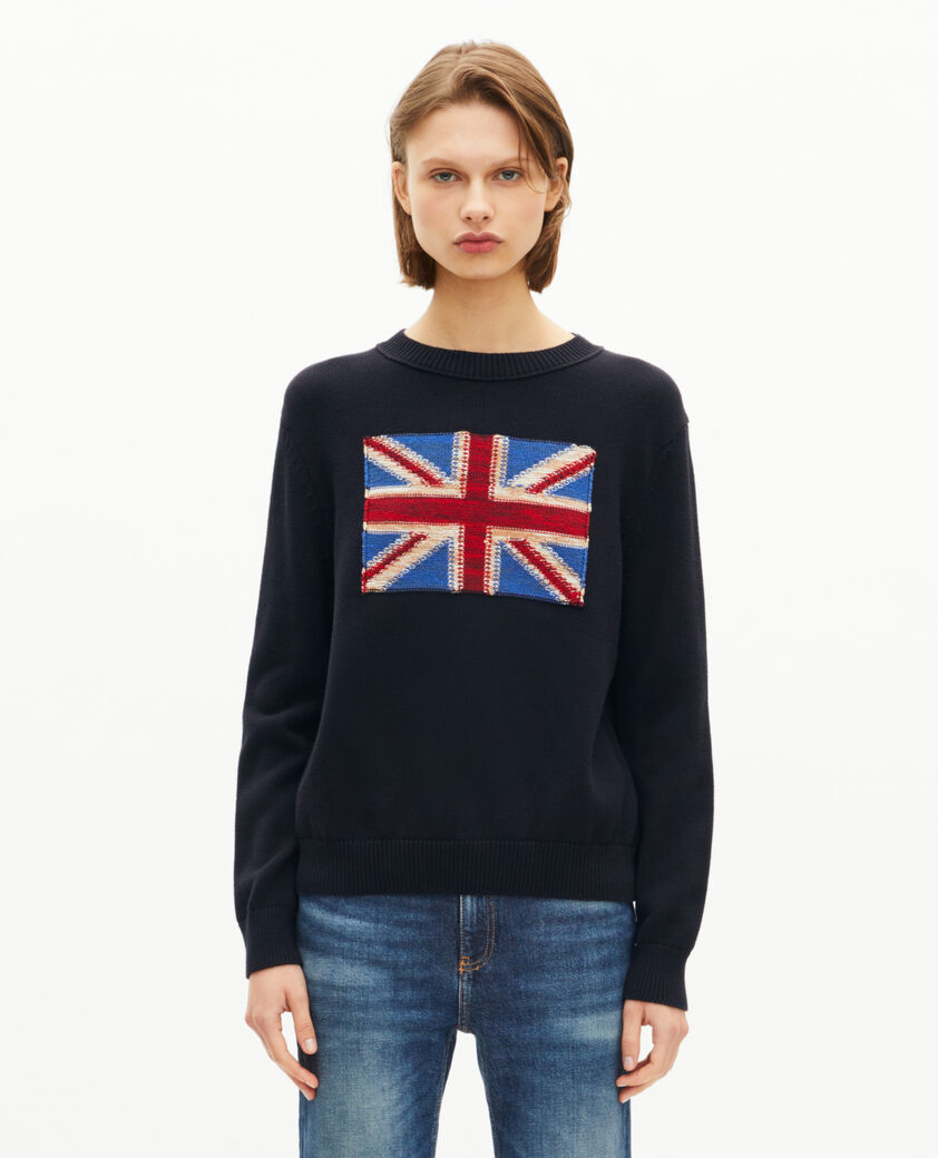 The Kooples DAMEN NAVY pullover mit englischer flagge aus marinefarbener baumwolle