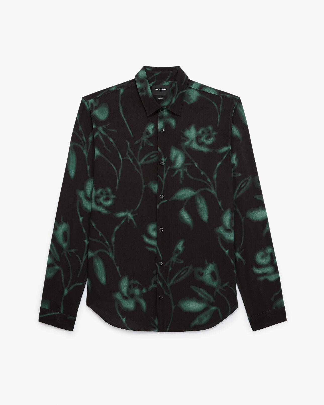 The Kooples MEN BLACK DARK GREEN flowing black shirt with floral print