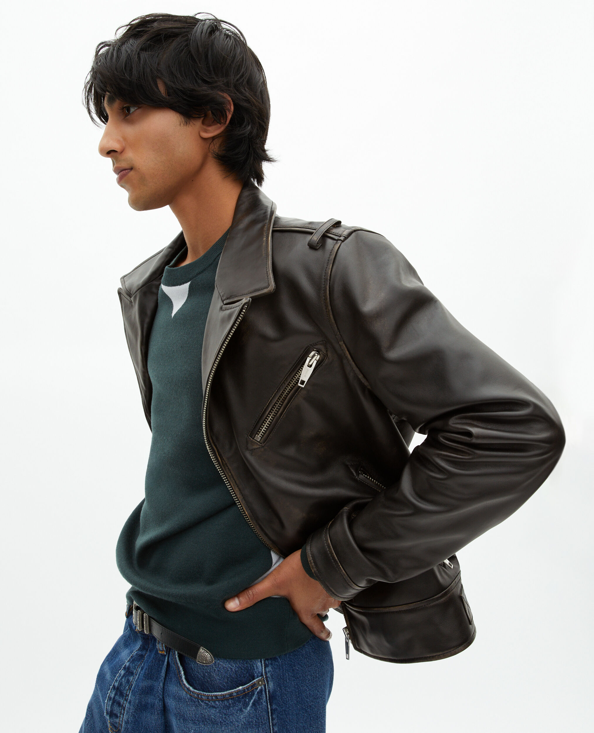 Black leather biker jacket, BLACK USED LIGHT, hi-res image number null