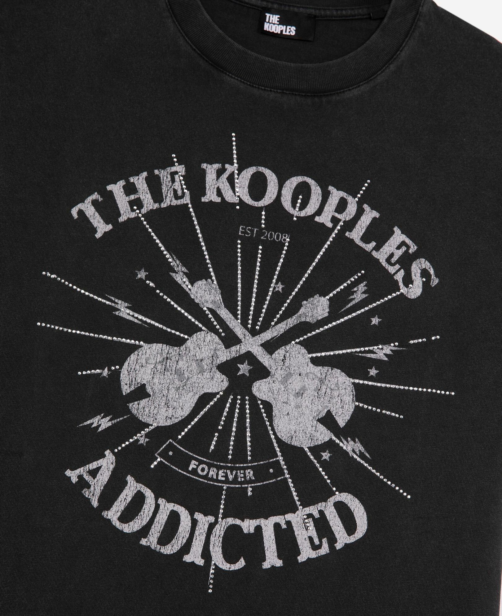 The Kooples WOMEN BLACK WASHED faded black screen print t-shirt with rhinestones