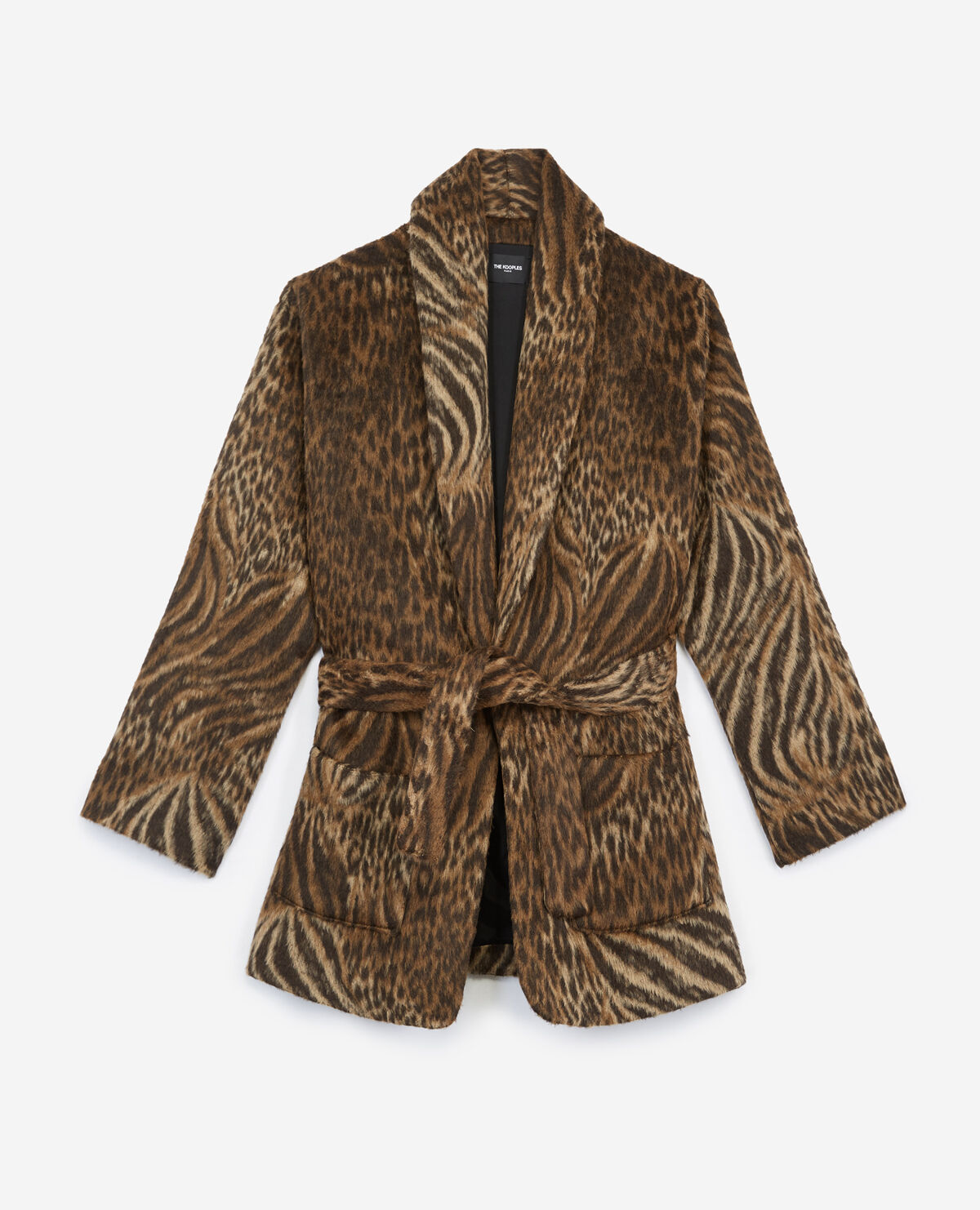 Short belted wool leopard coat