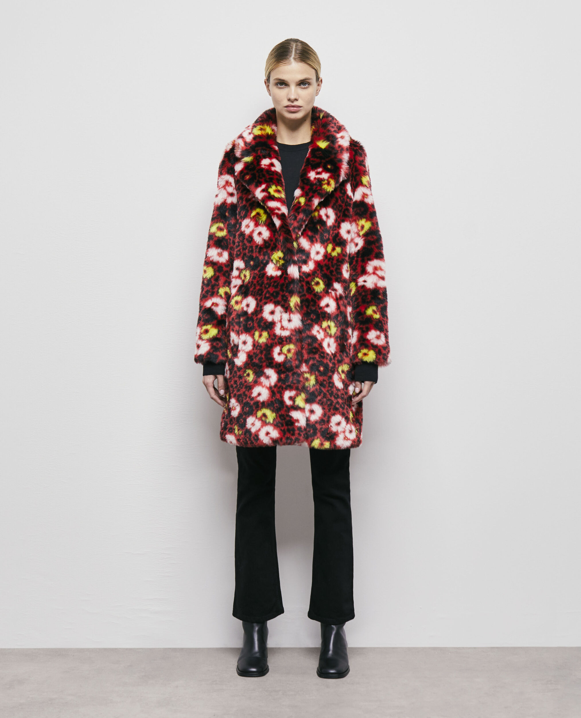 Floral print faux fur coat, DARK RED, hi-res image number null