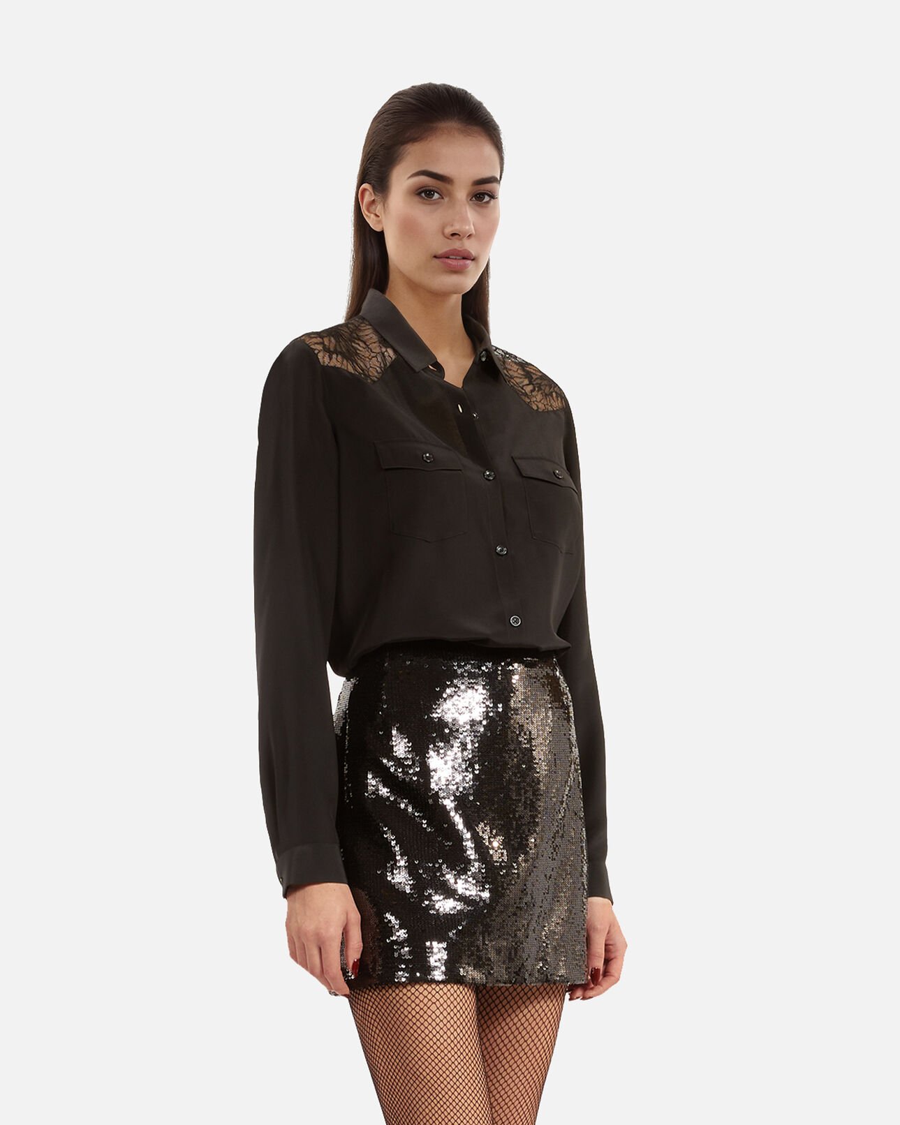 The Kooples WOMEN BLACK silk shirt with black lace