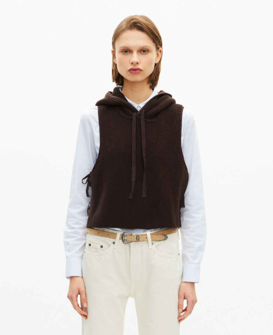 The Kooples FEMME CHOCOLATE pull sans manches en laine et coton marron