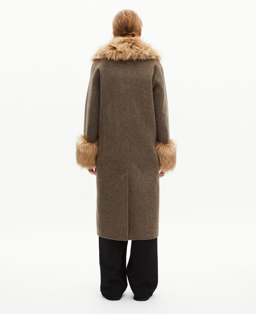 The Kooples FEMME HAZELNUT manteau long en laine double face et fourrure marron