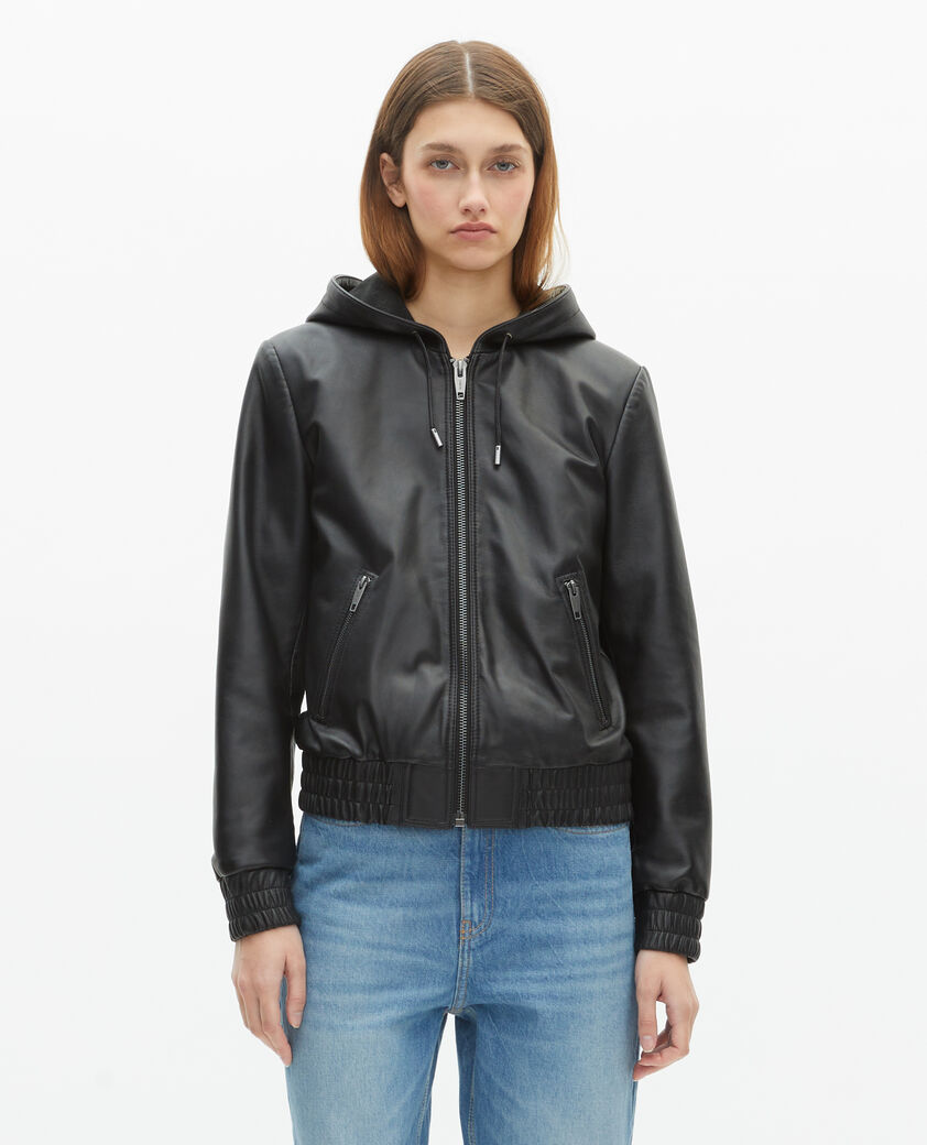 The Kooples FEMME BLACK blouson &agrave; capuche en cuir noir