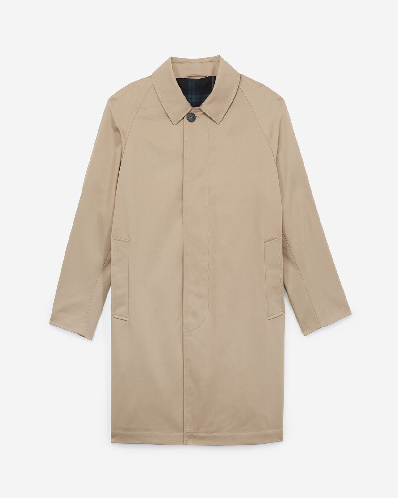 The Kooples HERREN BEIGE beiger trenchcoat mit raglanärmeln und tartan-innenfutter