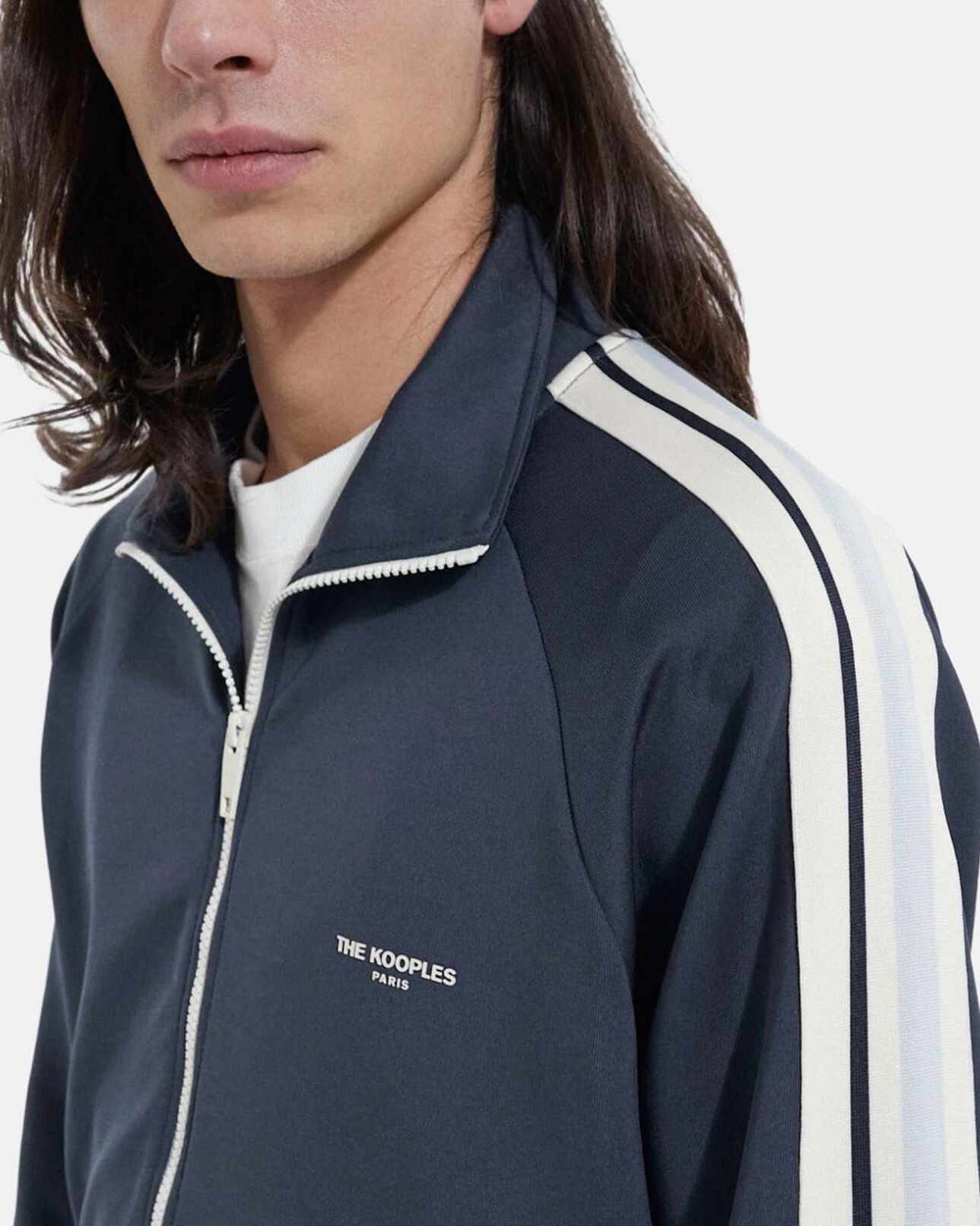 The Kooples MEN NAVY blue technical fabric sweatshirt with ecru bands