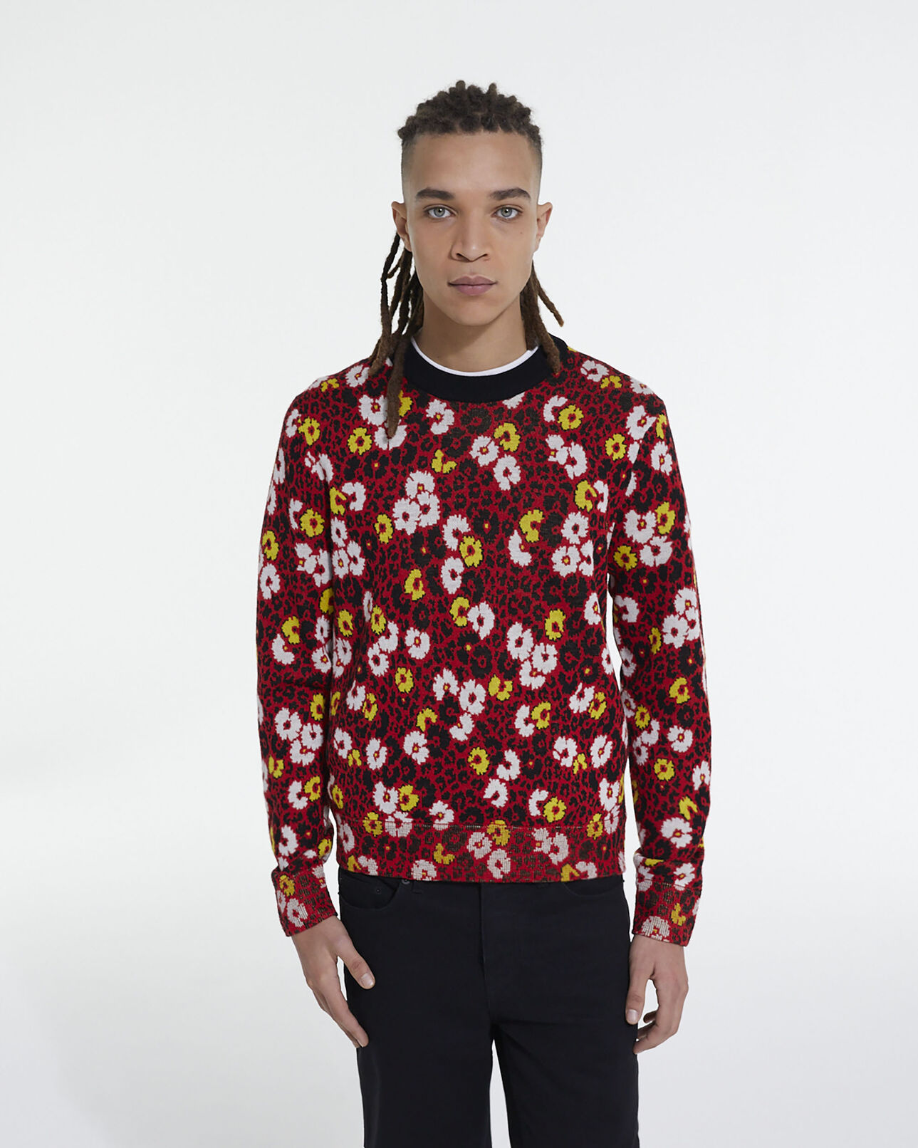 The Kooples MEN DARK RED floral print wool sweater