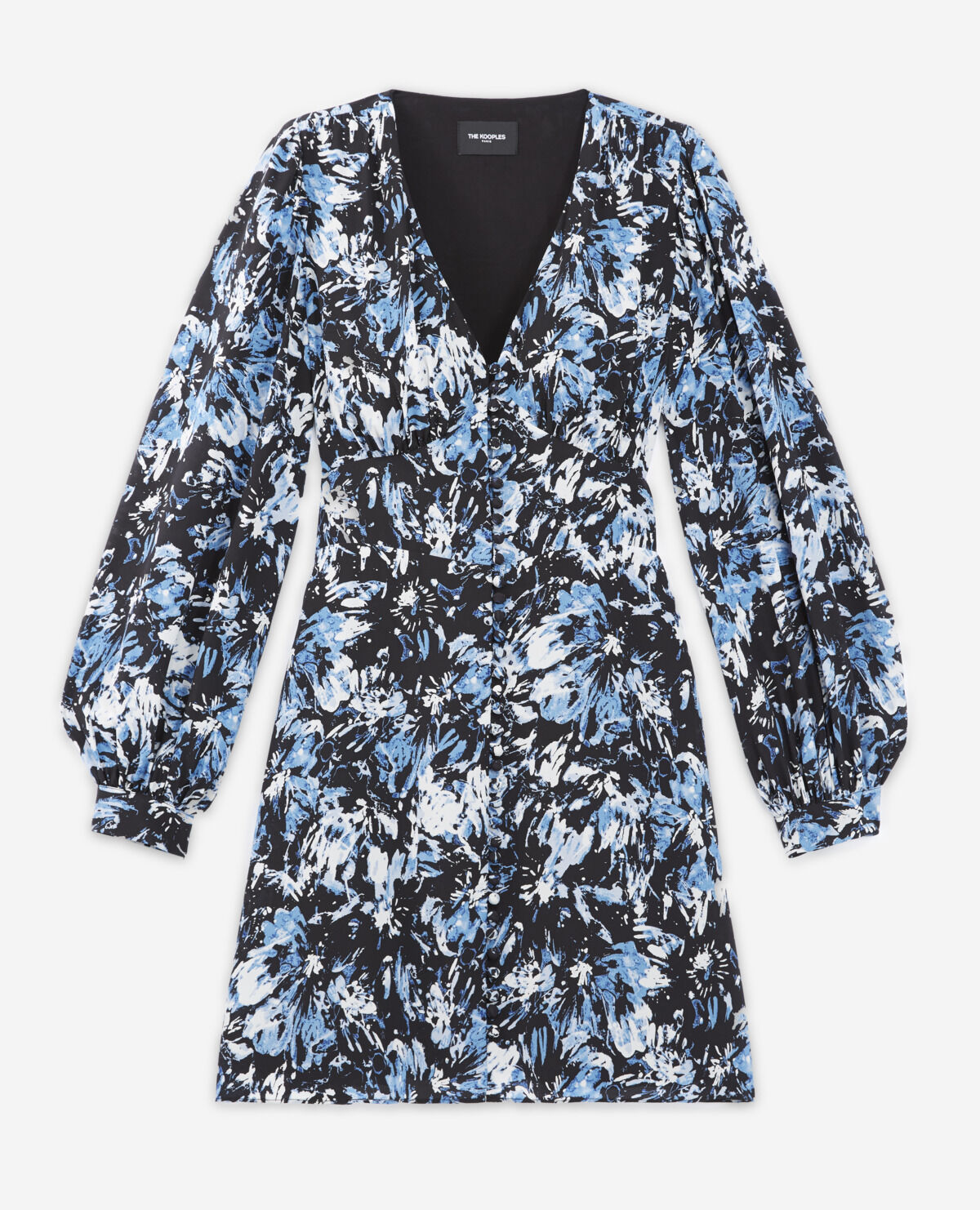 Blue short printed dress with buttons
