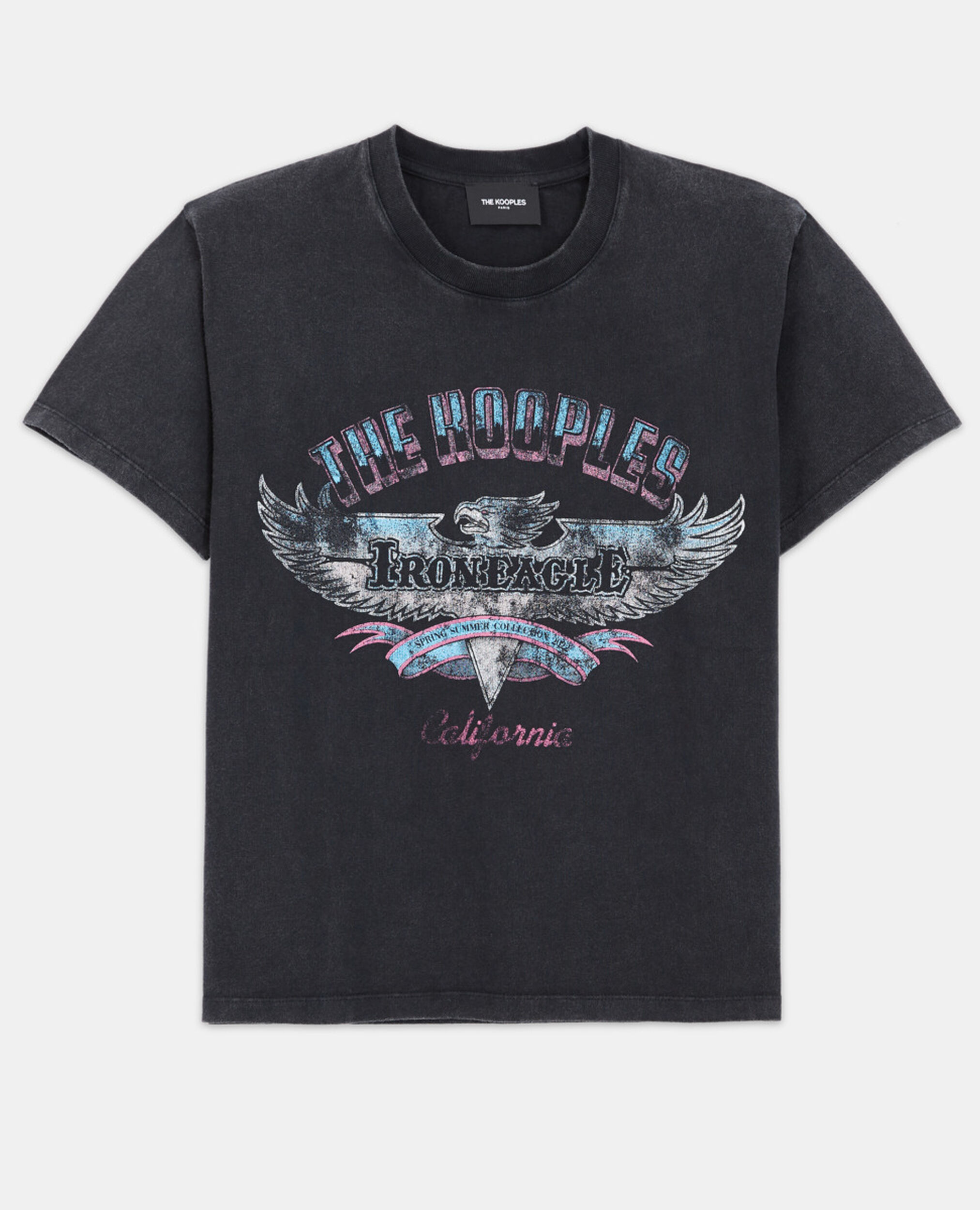 Faded black cotton T-shirt with eagle print, BLACK WASHED, hi-res image number null