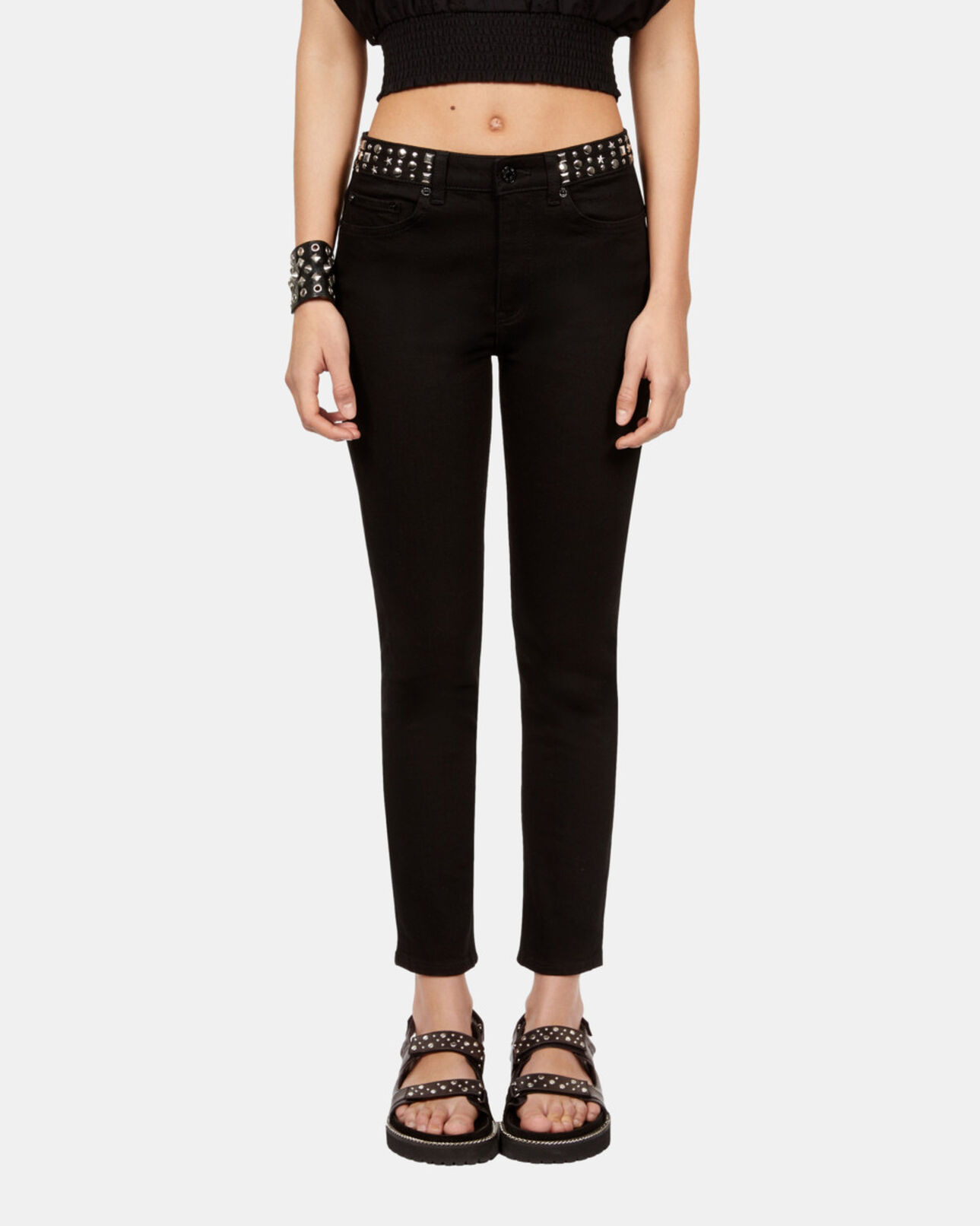 The Kooples FEMME BLACK WASHED jean slim noir avec clous et étoiles