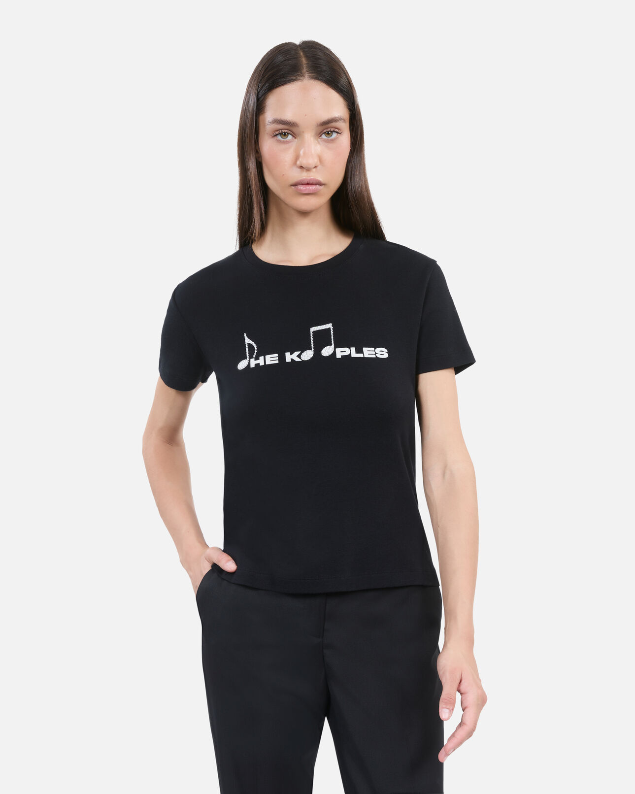 The Kooples WOMEN BLACK WASHED black t-shirt with serigraphy