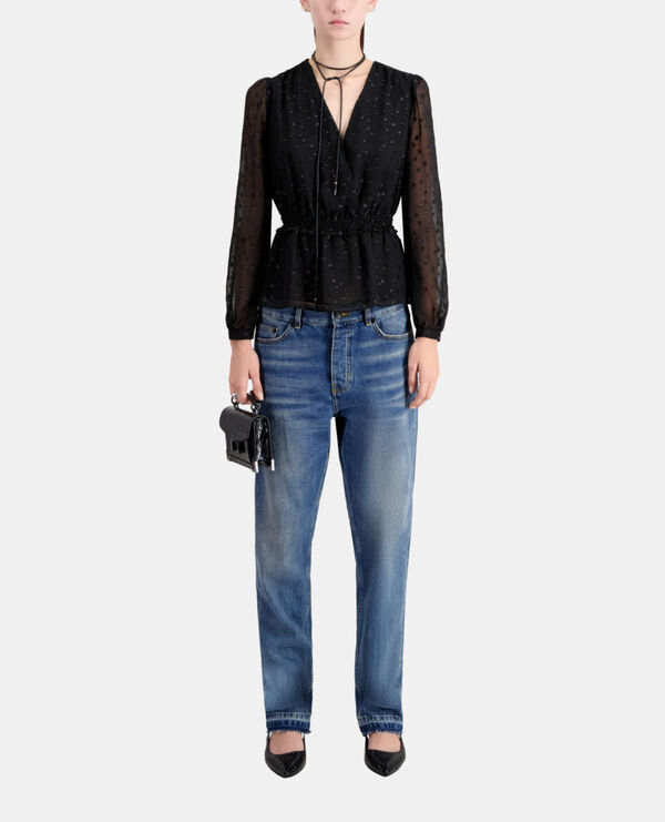 black polka dot top with silver wire