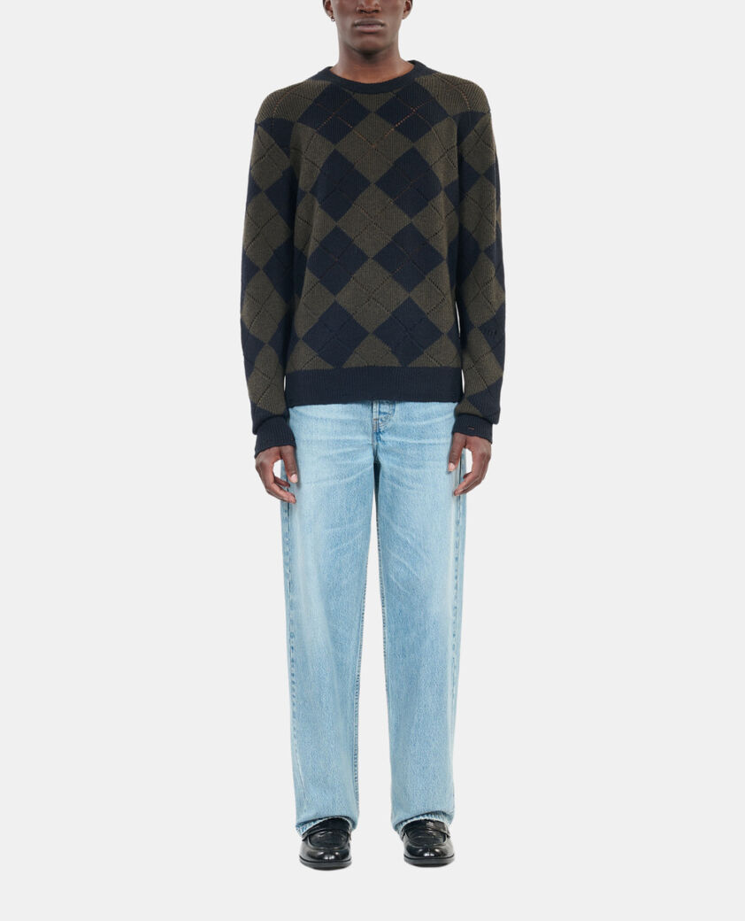 The Kooples HOMME GREEN NAVY pull &agrave; losanges noir et kaki