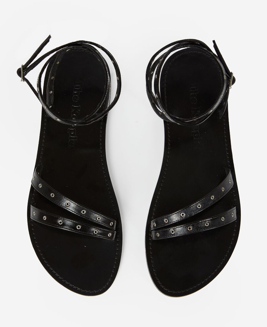 The Kooples F BLACK black leather flat sandals with eyelets