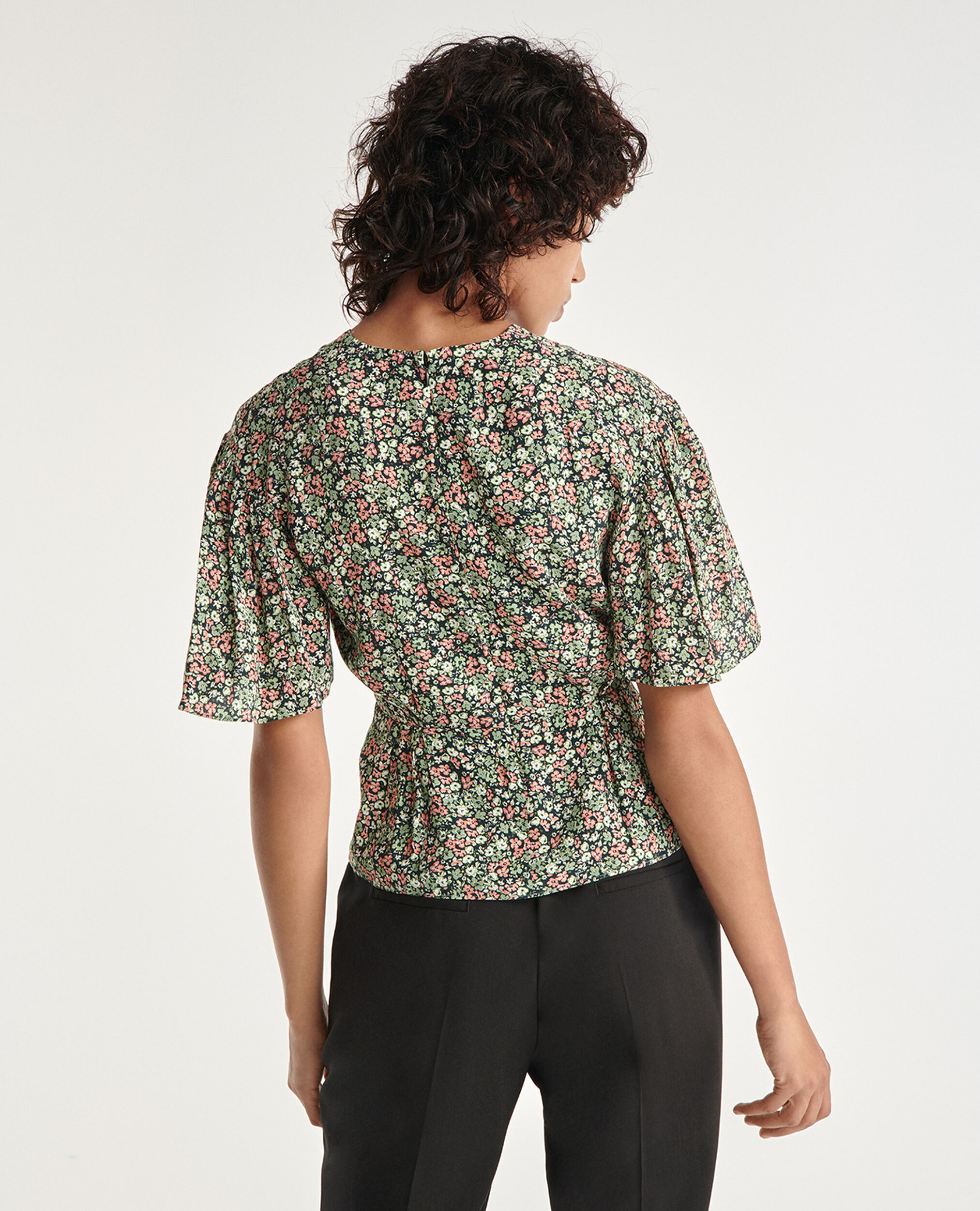 Flowing frilly green top with floral print, GREEN, hi-res image number null