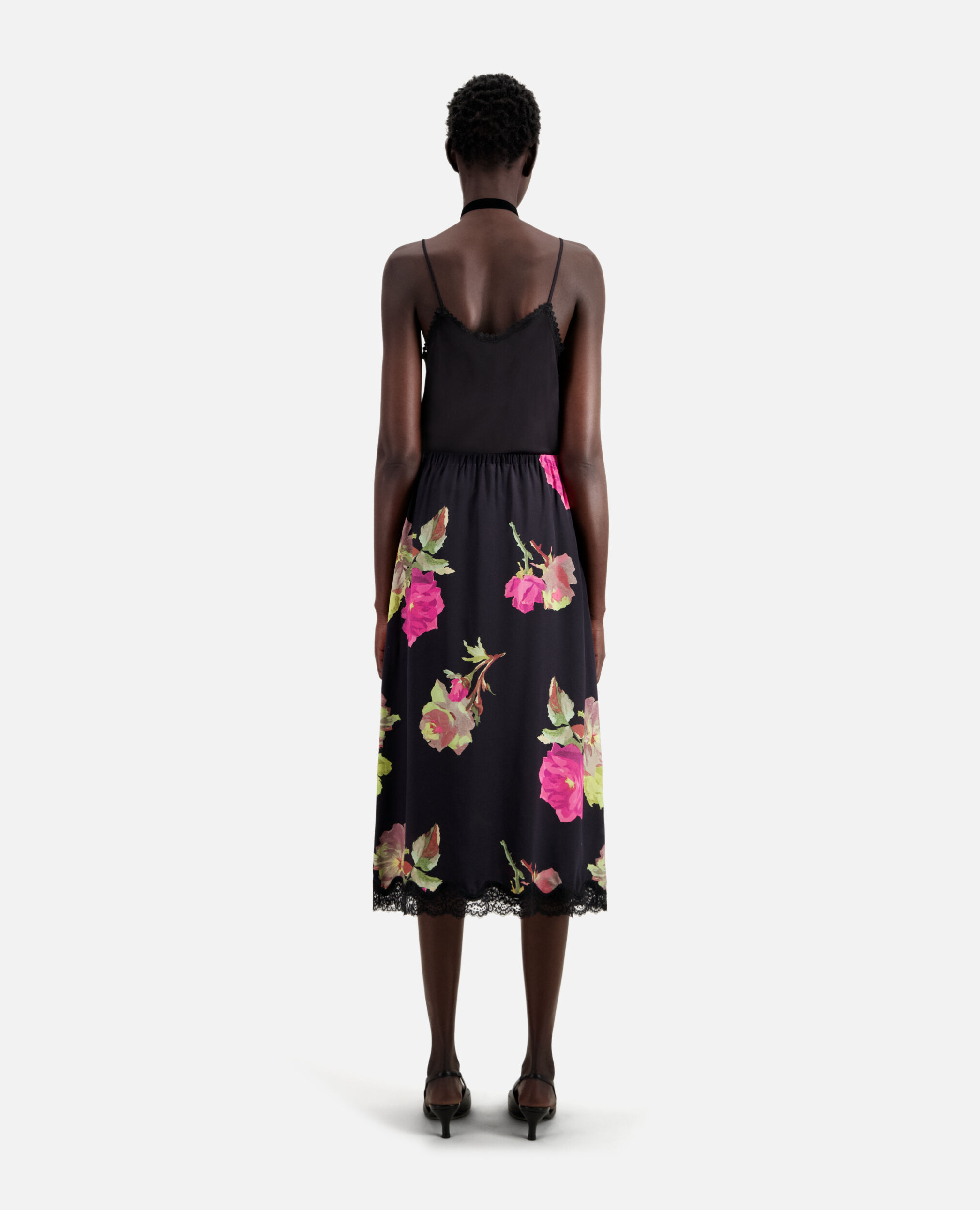 Long printed silk skirt with lace, PINK BLACK, hi-res image number null
