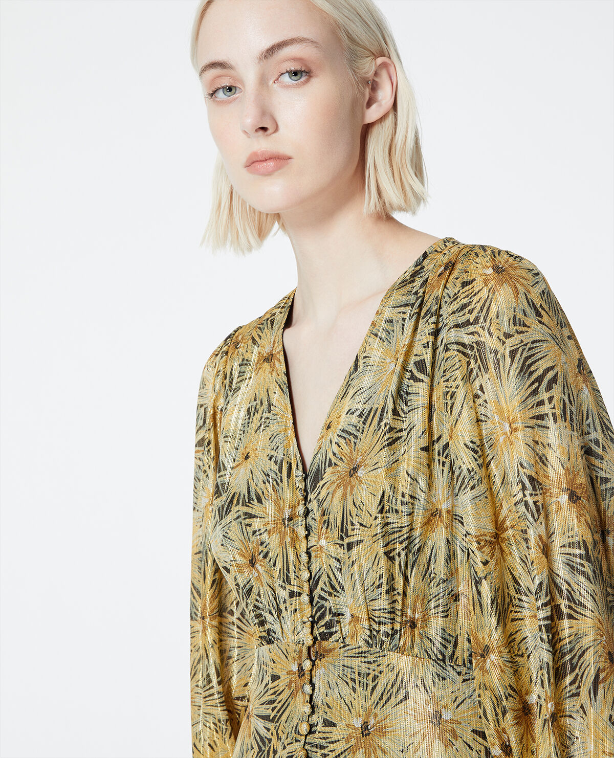 Buttoned long dress with golden print