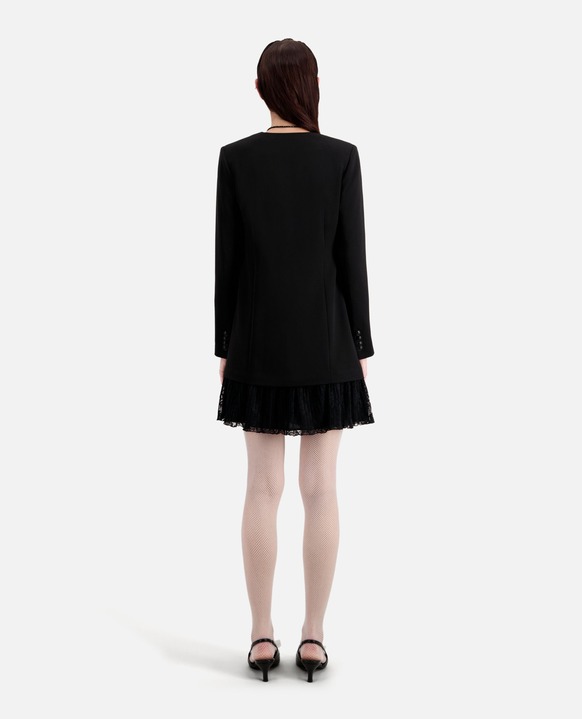 Schwarzes, kurzes Kleid aus Krepp mit Spitze, BLACK, hi-res image number null