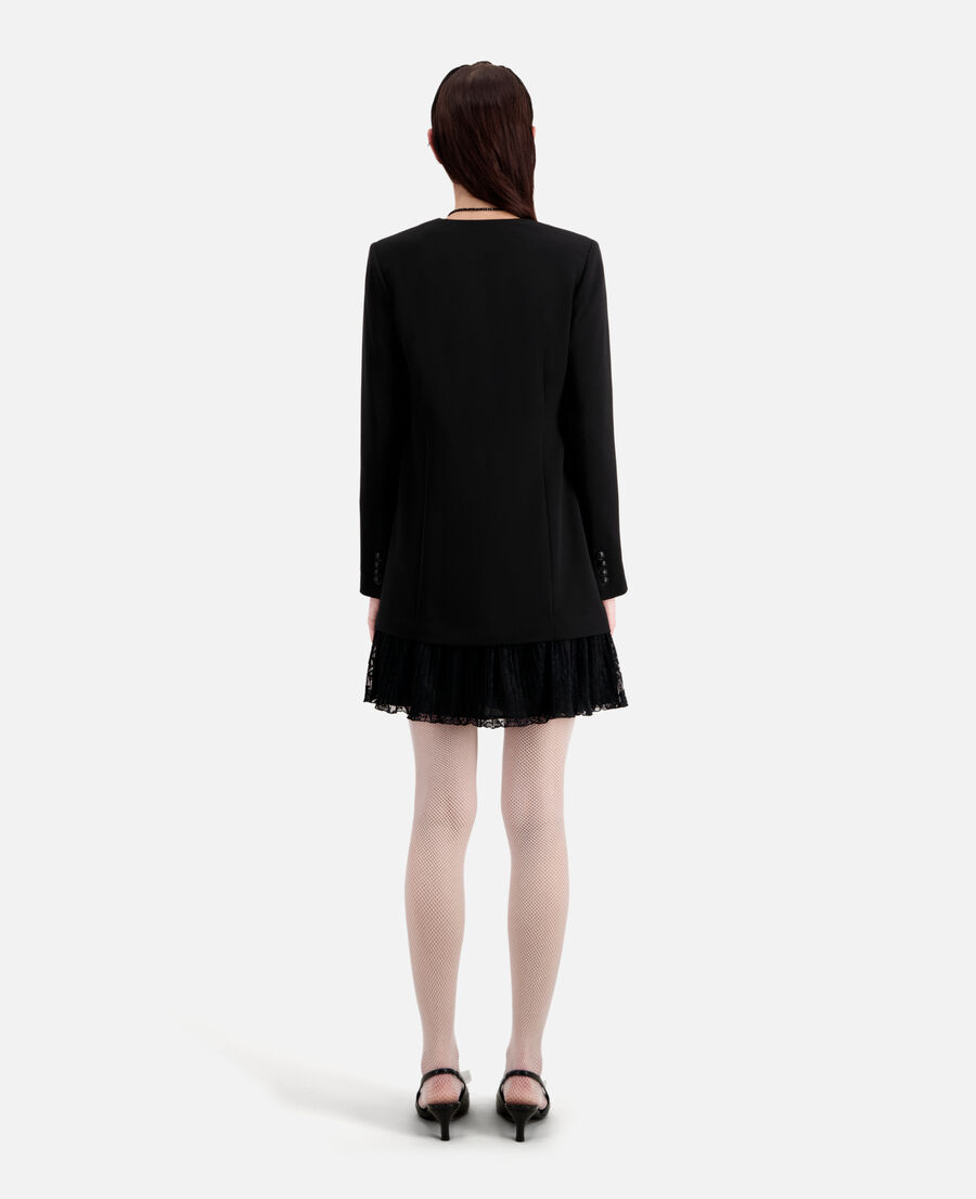 robe courte noire effet tailleur en crêpe et dentelle