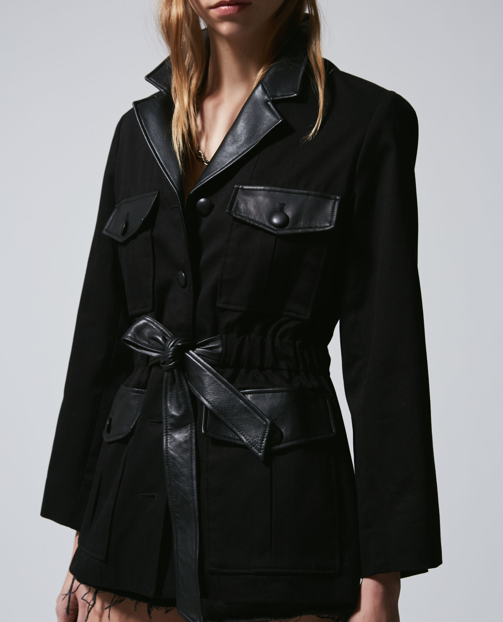 Black cotton jacket with pockets and leather, BLACK, hi-res image number null