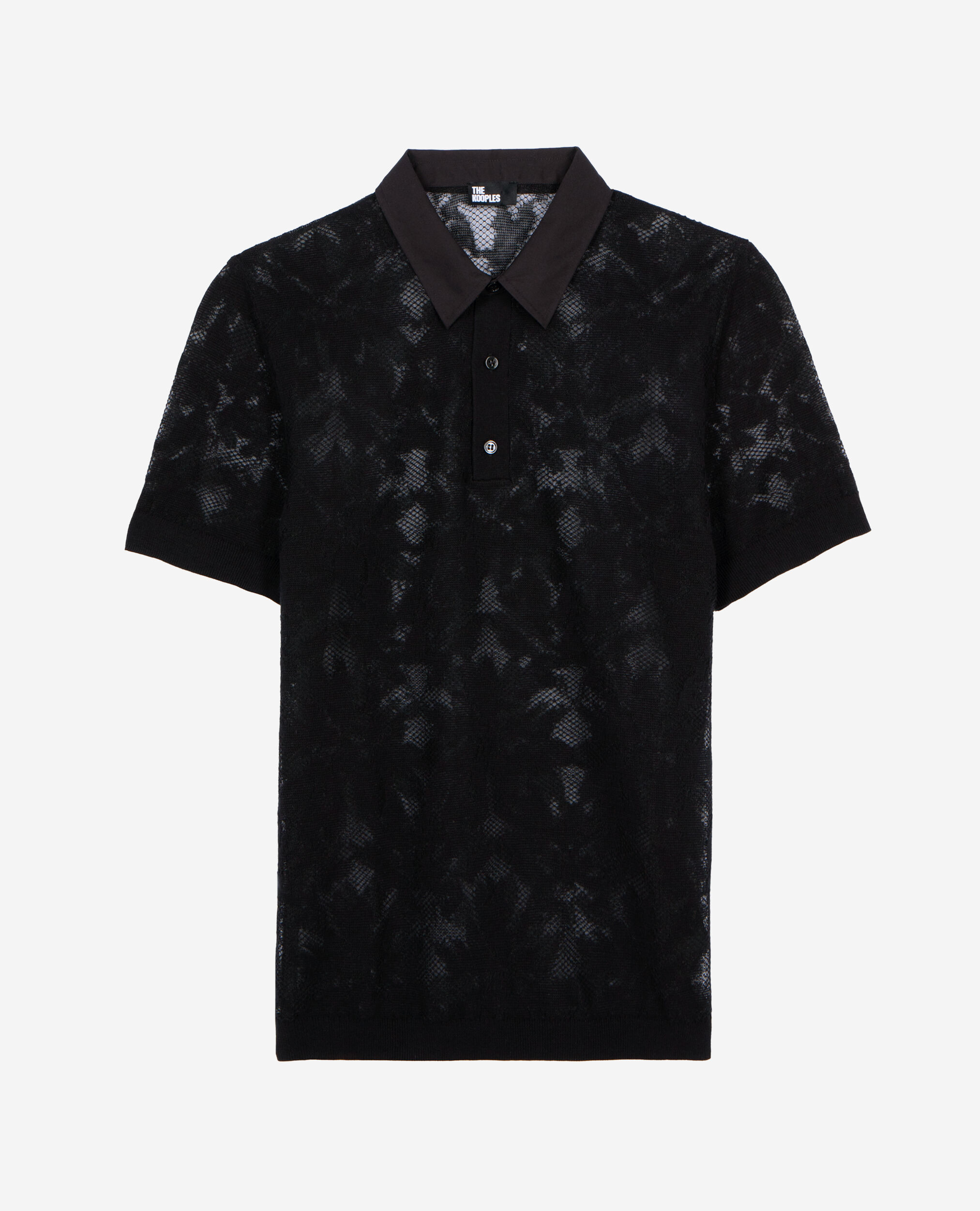 Schwarzes Strickpoloshirt mit Spitzen-Effekt, BLACK, hi-res image number null