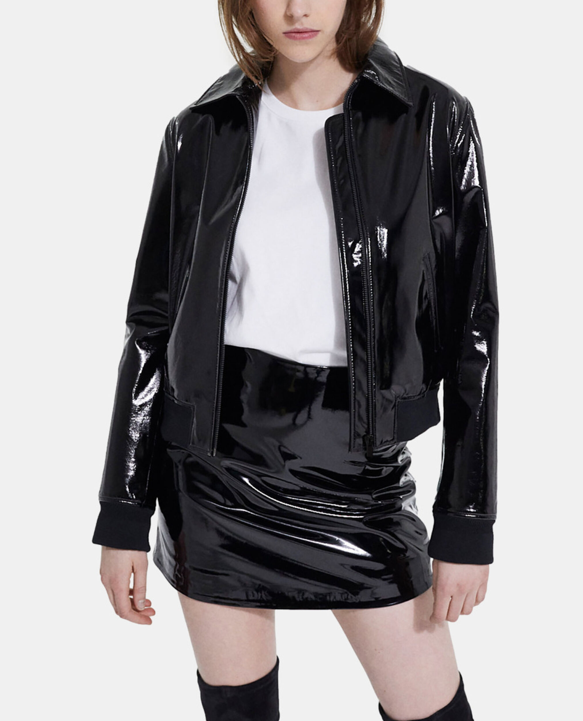 Short black vinyl jacket, BLACK, hi-res image number null