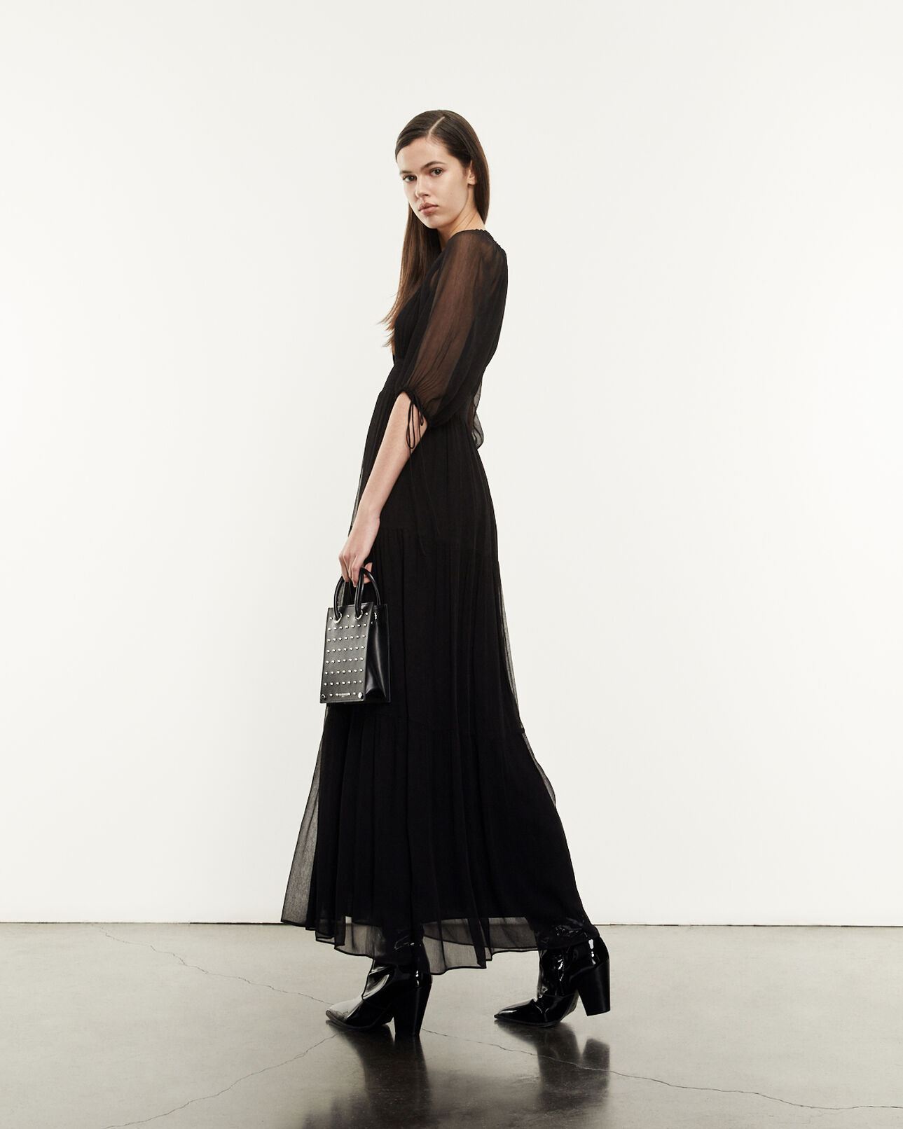The Kooples DAMEN BLACK langes schwarzes kleid mit gesmokten details