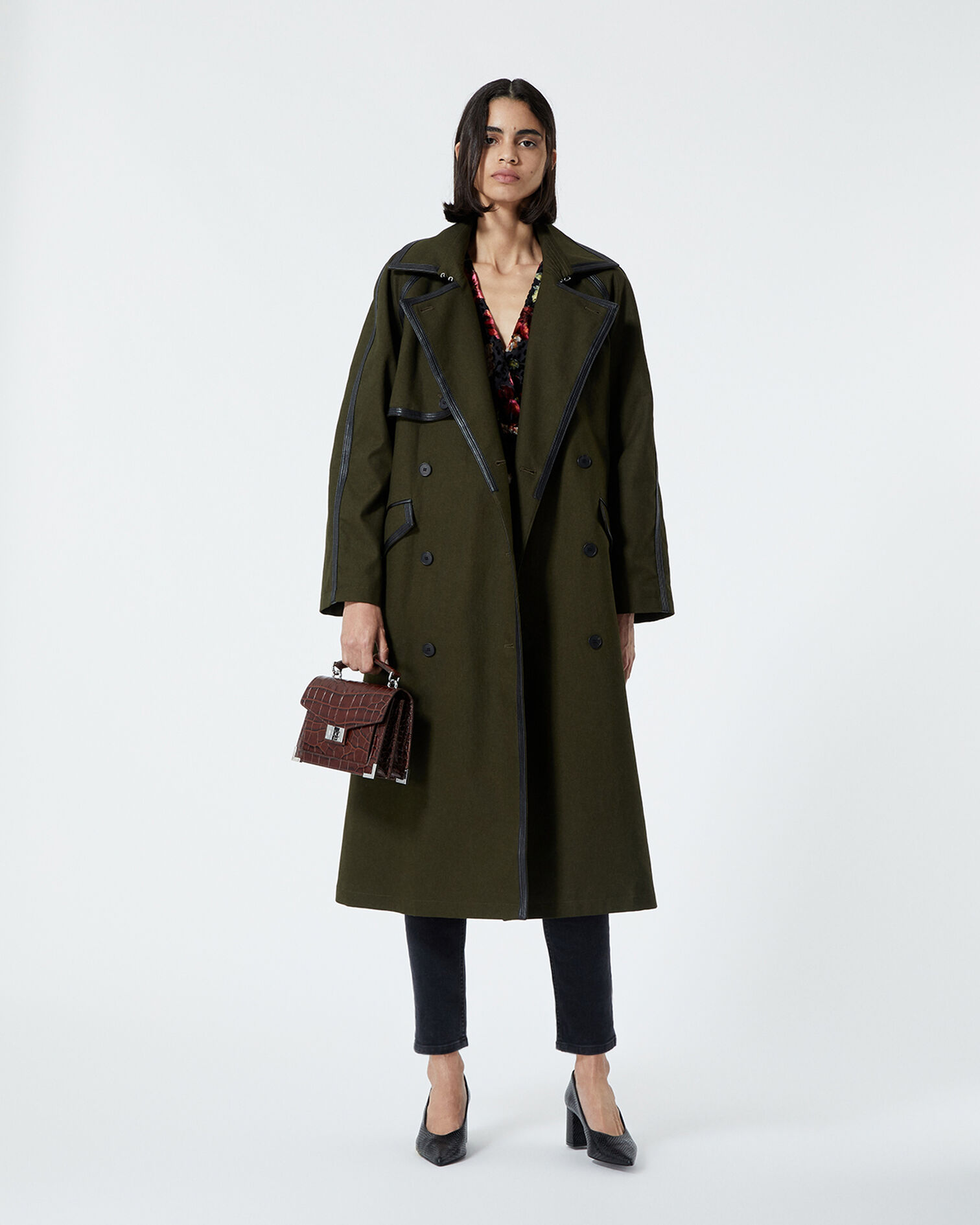 Cotton trench coat with leather belt in millitary green, KAKI, hi-res image number null