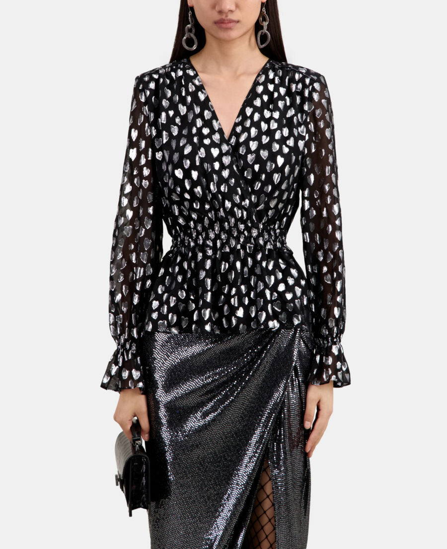 The Kooples DAMEN BLACK SILVER schwarzes top mit silbernen herzen