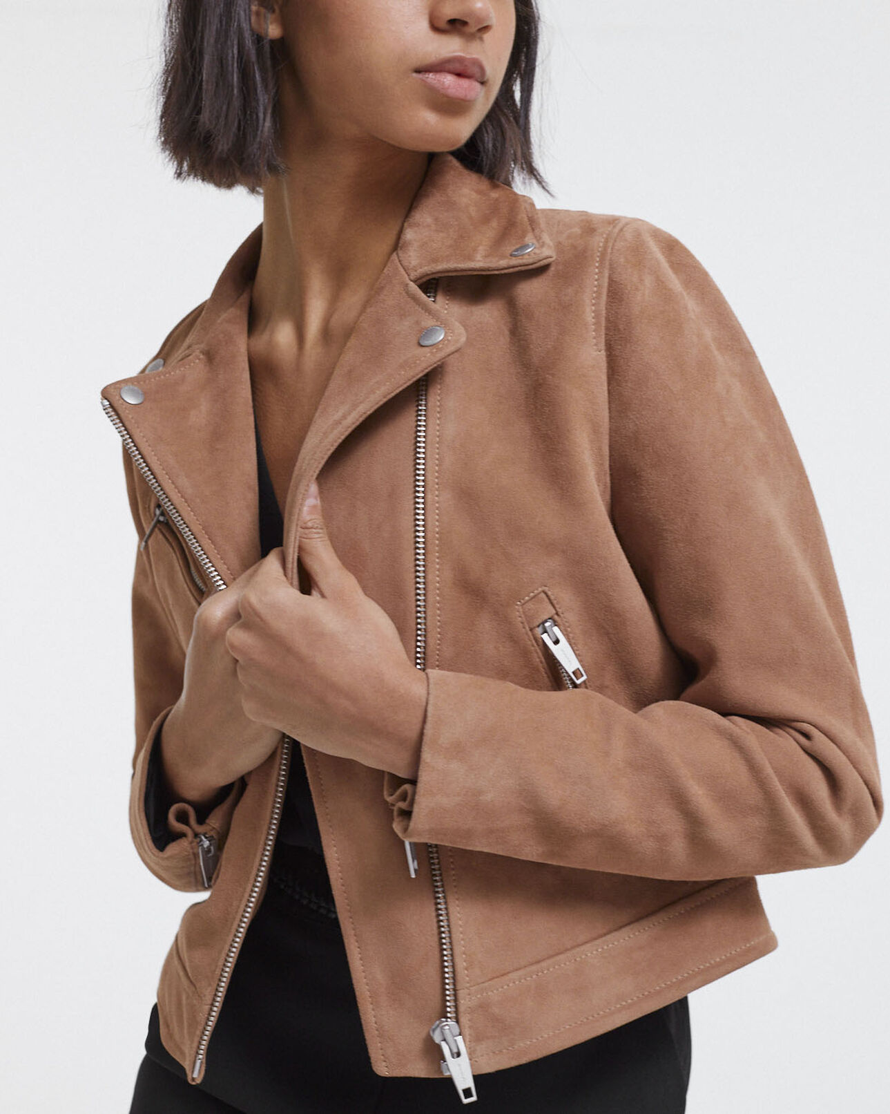 The Kooples MUJER CAMEL chaqueta biker camel piel ante cremallera