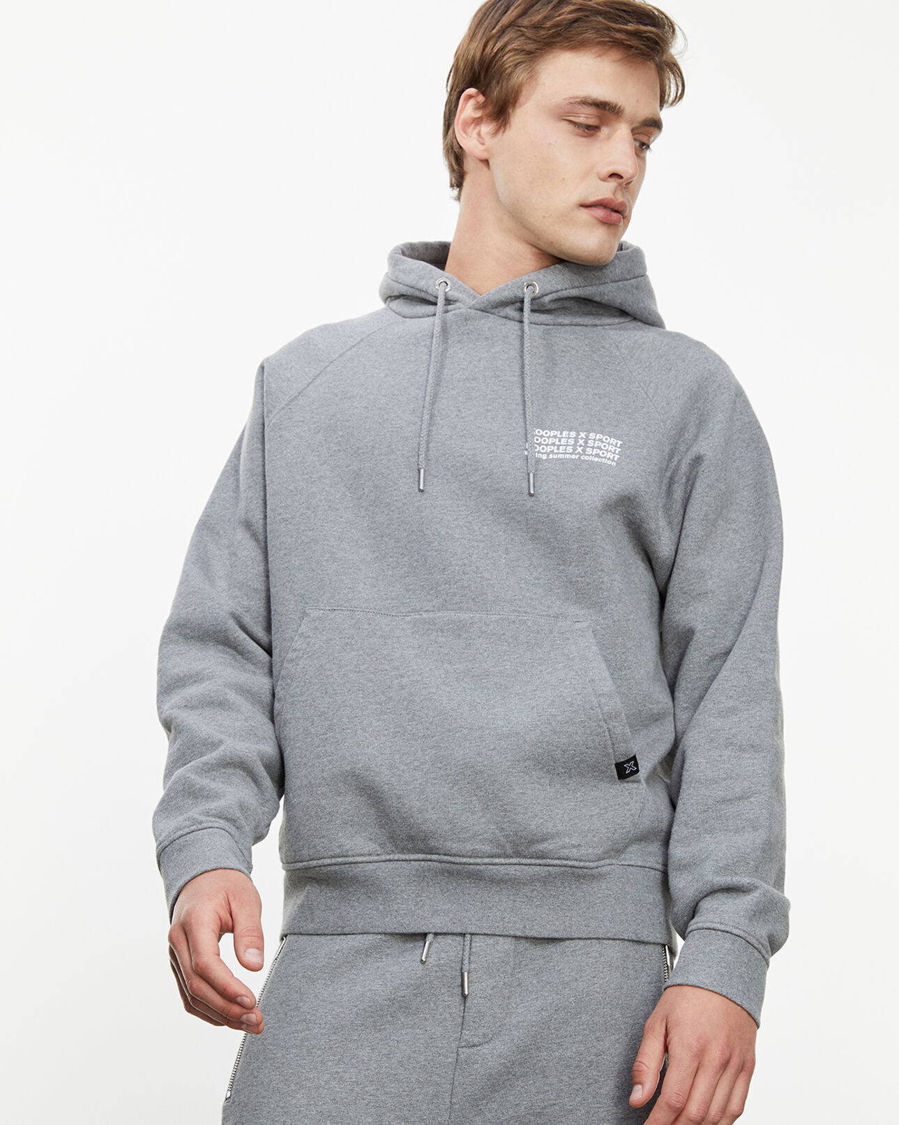 The Kooples HOMME GREY MELANGE sweat coton gris chiné capuche et logo