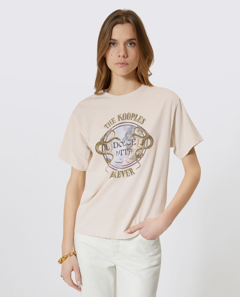 The Kooples DAMEN LIGHT BEIGE t-shirt mit beigem siebdruck