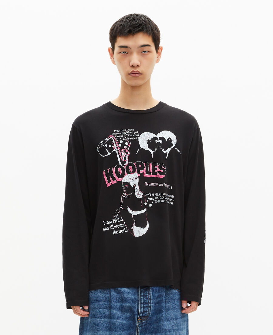 The Kooples MEN BLACK WASHED long-sleeved t-shirt with black screen printing