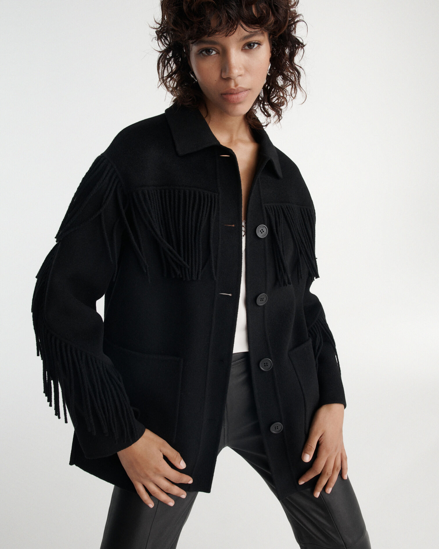 Black wool jacket with western-style fringing, BLACK, hi-res image number null