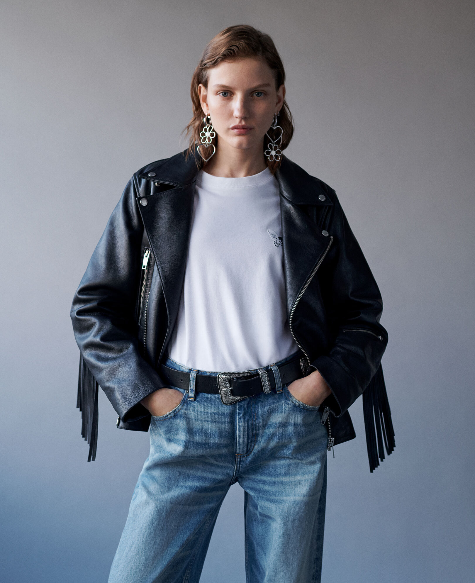 The Kooples FEMME BLACK blouson en cuir noir à franges