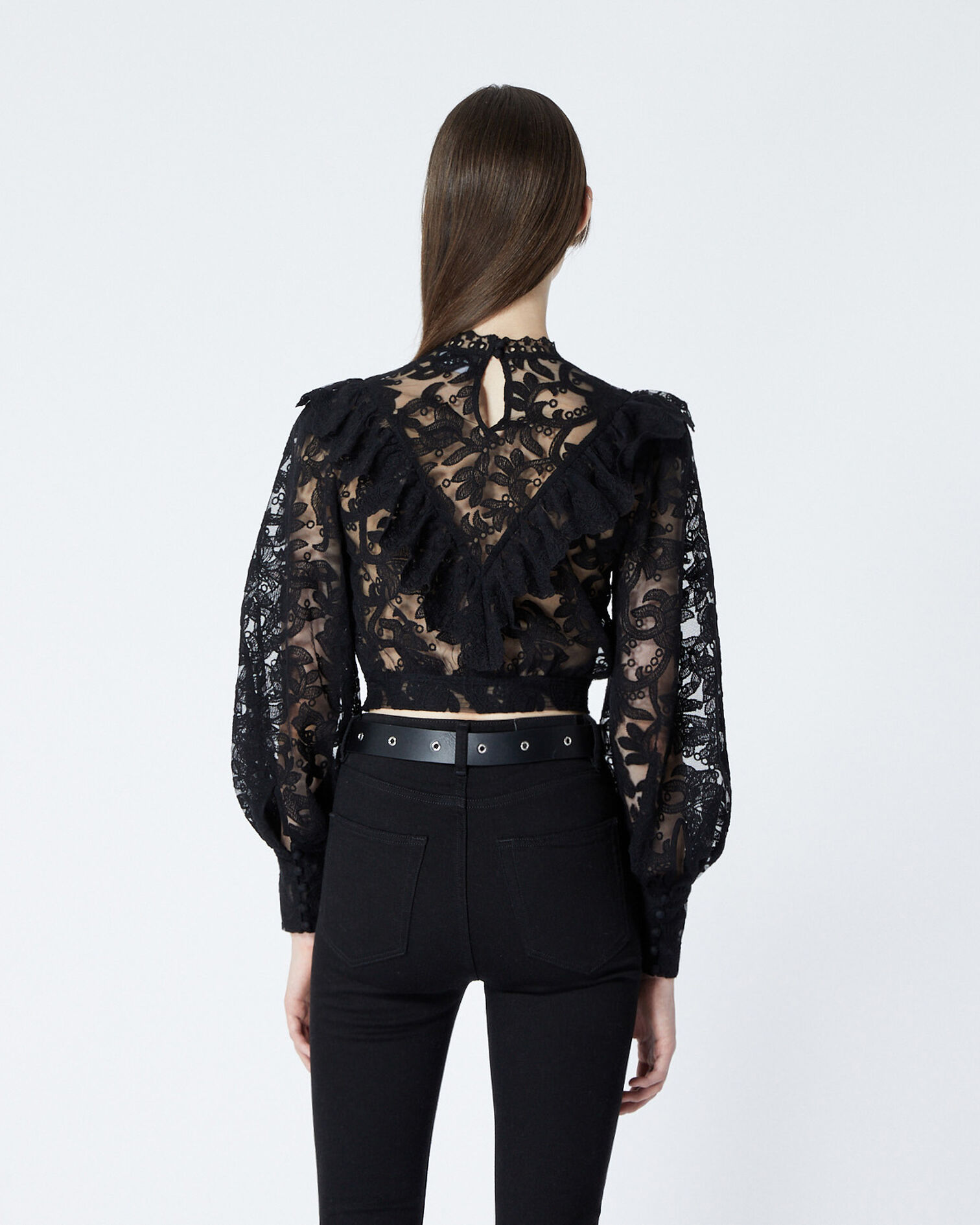 Top dentelle noir à détail plastron, BLACK, hi-res image number null