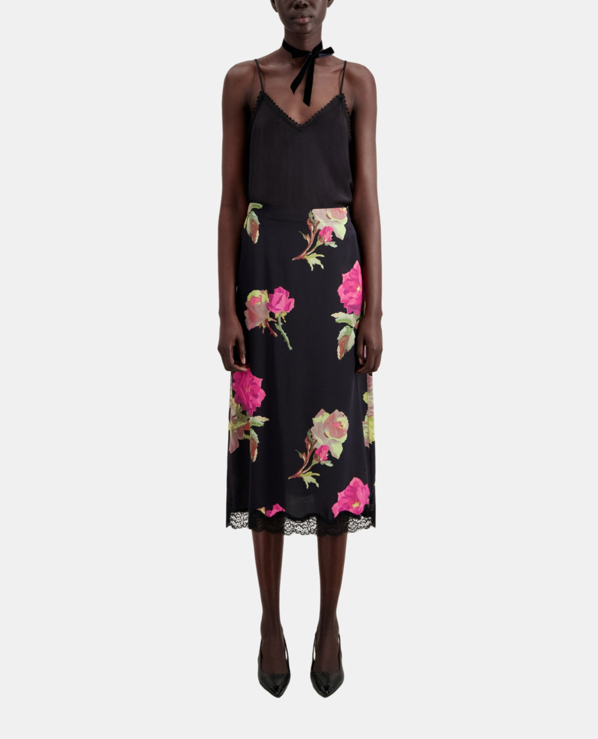 Long printed silk skirt with lace, PINK BLACK, hi-res image number null